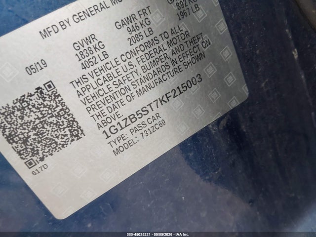 45025221 :رقم المزاد ، 1G1ZB5ST7KF215003 vin ، 2019 Chevrolet Malibu 1ls مزاد بيع