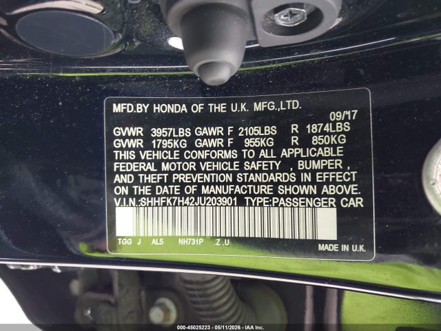 45025223 :رقم المزاد ، SHHFK7H42JU203901 vin ، 2018 Honda Civic Sport مزاد بيع