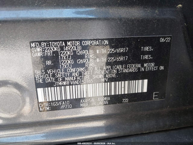 Aukcja sprzedaży 2022 Toyota Rav4 Hybrid Xle, vin: JTMRWRFV6ND152765, numer aukcji: 45025231