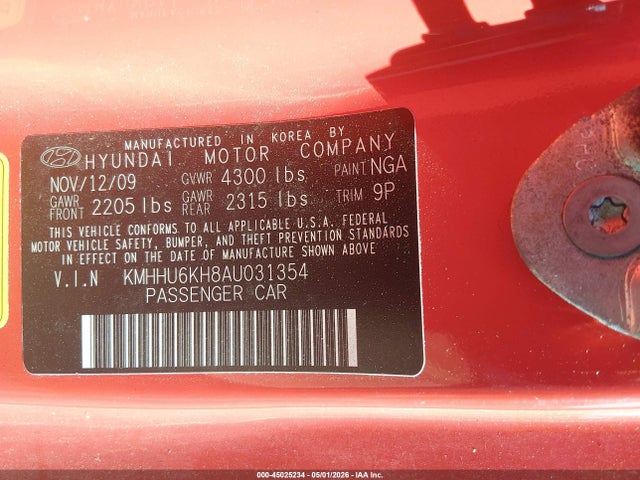 Продажа на аукционе авто 2010 Hyundai Genesis 3.8 Grand Touring, vin: KMHHU6KH8AU031354, номер лота: 45025234