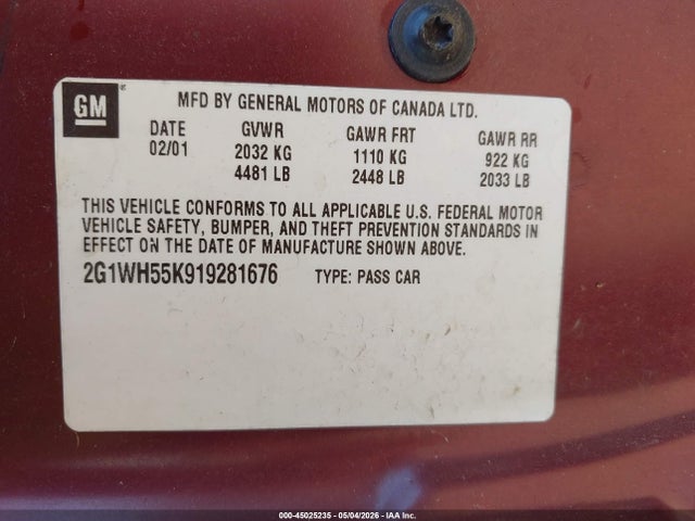 45025235 :رقم المزاد ، 2G1WH55K919281676 vin ، 2001 Chevrolet Impala Ls مزاد بيع