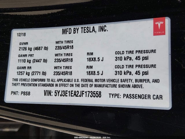 Tesla Model 3 Long Range/mid Range 2018 5YJ3E1EA2JF173558 Image 9