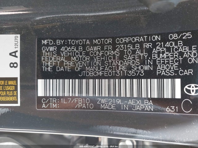 45025247 :رقم المزاد ، JTDBCMFE0T3113573 vin ، 2026 Toyota Corolla Hybrid Hybrid Le مزاد بيع