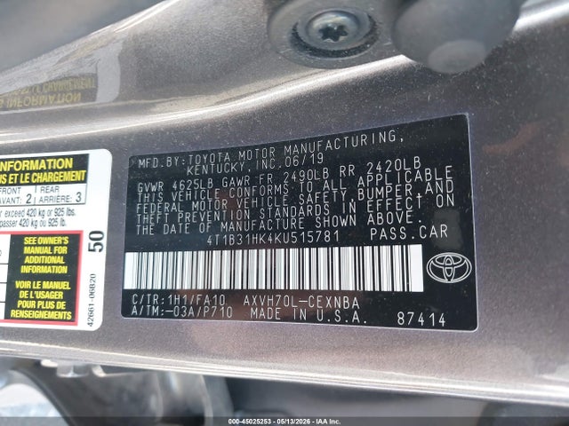 Продаж на аукціоні авто 2019 Toyota Camry Hybrid Le, vin: 4T1B31HK4KU515781, номер лоту: 45025253