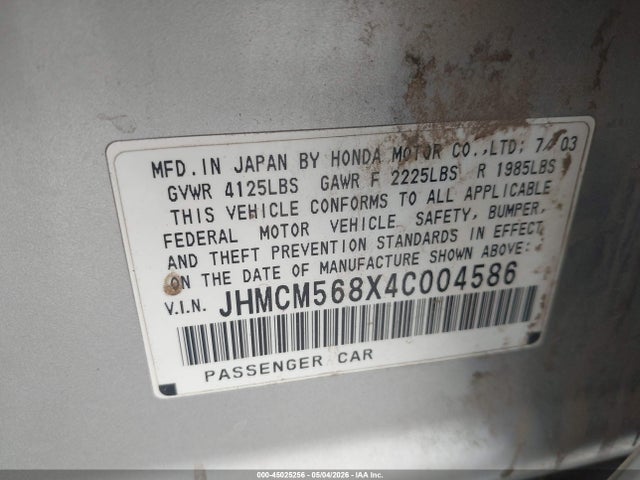 Aukcja sprzedaży 2004 Honda Accord 2.4 Ex, vin: JHMCM568X4C004586, numer aukcji: 45025256