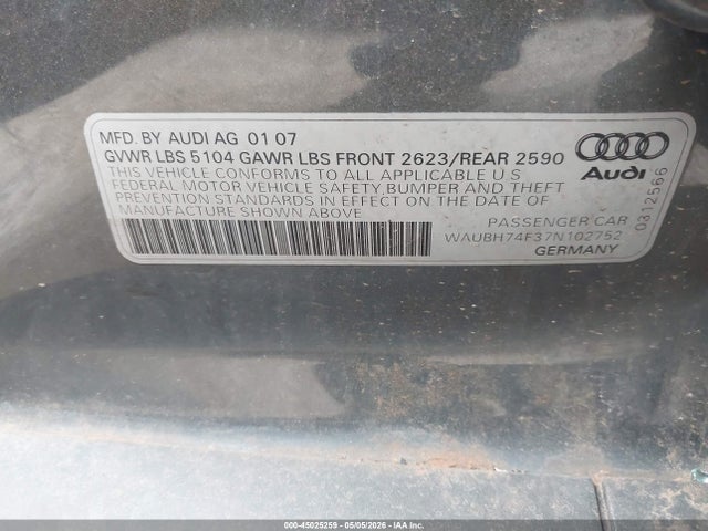 Aukcja sprzedaży 2007 Audi A6 3.2, vin: WAUBH74F37N102752, numer aukcji: 45025259