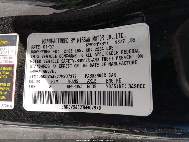 Aukcja sprzedaży 2007 Infiniti G35, vin: JNKCV54E27M907979, numer aukcji: 45025260