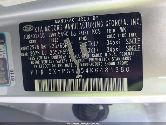 45025269 :رقم المزاد ، 5XYPG4A54KG481380 vin ، 2019 Kia Sorento 3.3l Lx مزاد بيع