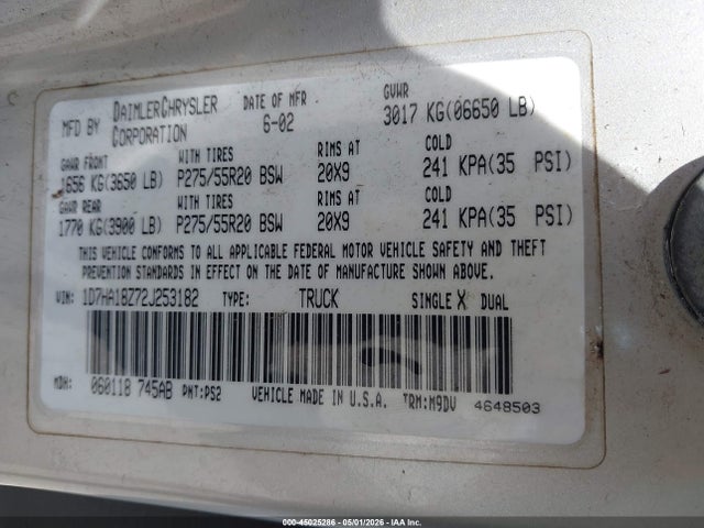 Aukcja sprzedaży 2002 Dodge Ram 1500 St, vin: 1D7HA18Z72J253182, numer aukcji: 45025286