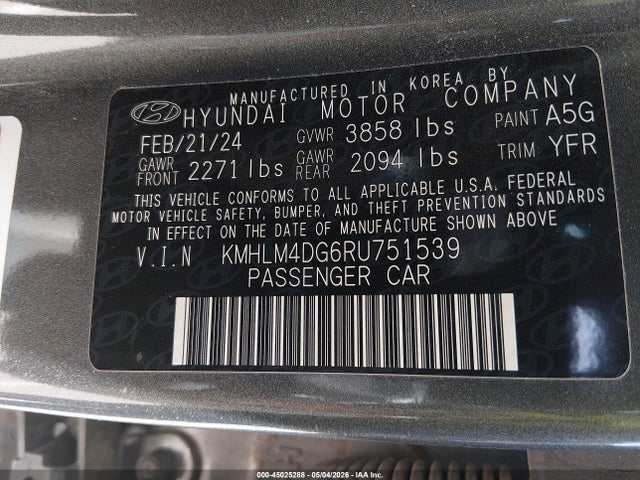 Продаж на аукціоні авто 2024 Hyundai Elantra Sel, vin: KMHLM4DG6RU751539, номер лоту: 45025288