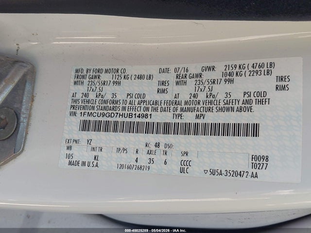 1FMCU9GD7HUB14981 Ford ESCAPE SE