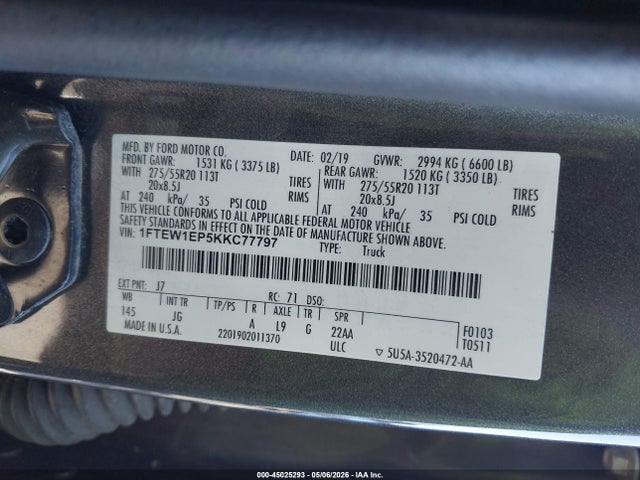 Продажа на аукционе авто 2019 Ford F-150 Xl, vin: 1FTEW1EP5KKC77797, номер лота: 45025293