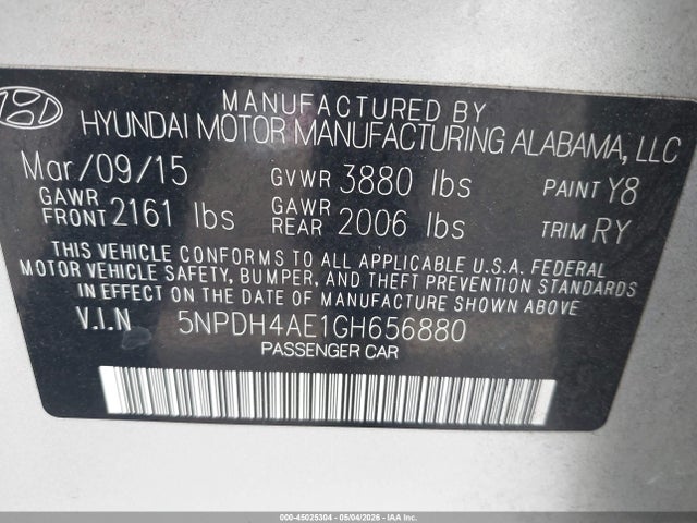 45025304 :رقم المزاد ، 5NPDH4AE1GH656880 vin ، 2016 Hyundai Elantra Limited مزاد بيع