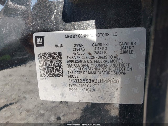 2018 Chevrolet Impala 2lz მანქანა იყიდება აუქციონზე, vin: 1G1125S3XJU142040, აუქციონის ნომერი: 45025311