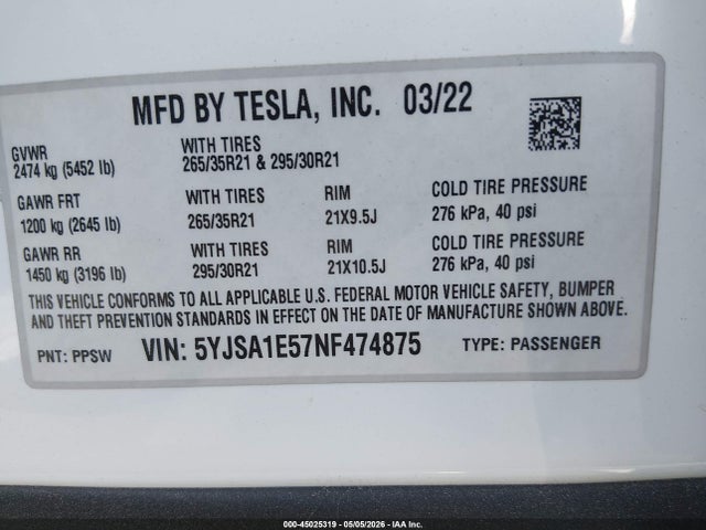 Aukcja sprzedaży 2022 Tesla Model S Dual Motor All-wheel Drive, vin: 5YJSA1E57NF474875, numer aukcji: 45025319