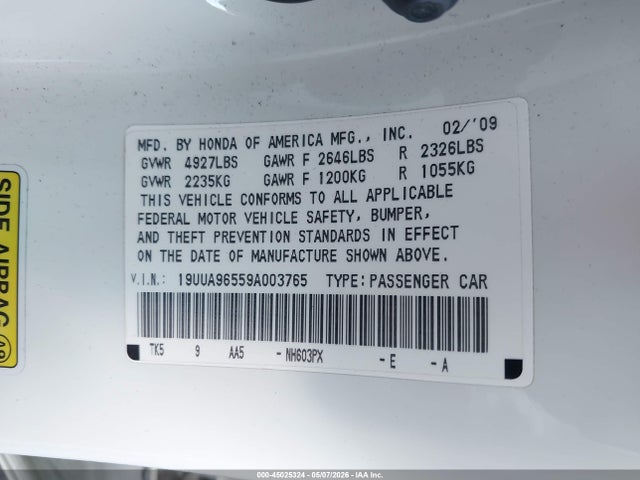 45025324 :رقم المزاد ، 19UUA96559A003765 vin ، 2009 Acura Tl 3.7 مزاد بيع