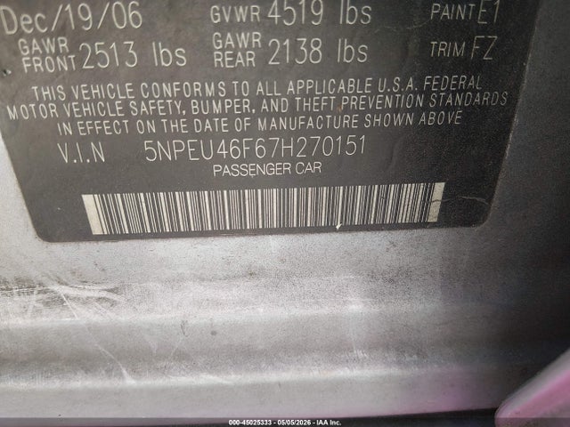 45025333 :رقم المزاد ، 5NPEU46F67H270151 vin ، 2007 Hyundai Sonata Limited/se V6 مزاد بيع