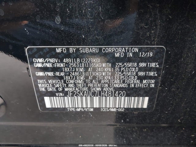2020 Subaru Forester Limited მანქანა იყიდება აუქციონზე, vin: JF2SKAUC7LH481420, აუქციონის ნომერი: 45025335