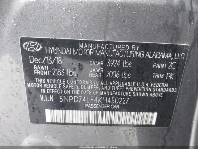 Aukcja sprzedaży 2019 Hyundai Elantra Se, vin: 5NPD74LF4KH450227, numer aukcji: 45025340
