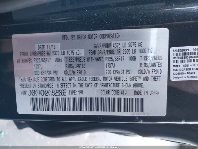 45025353 :رقم المزاد ، JM3KFACM2K1528865 vin ، 2019 Mazda Cx-5 Touring مزاد بيع