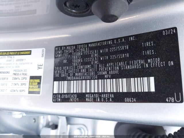 45025386 :رقم المزاد ، 7MUDAAAGXRV087356 vin ، 2024 Toyota Corolla Cross Xle مزاد بيع