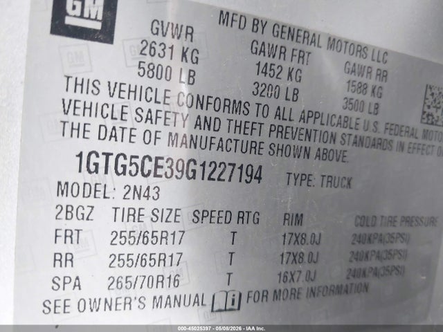 Aukcja sprzedaży 2016 Gmc Canyon Sle, vin: 1GTG5CE39G1227194, numer aukcji: 45025397