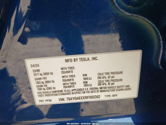 Продажа на аукционе авто 2024 Tesla Model Y Long Range Dual Motor All-wheel Drive, vin: 7SAYGAEEXRF060362, номер лота: 45025403