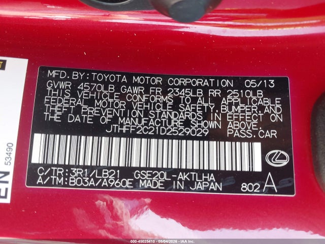 Aukcja sprzedaży 2013 Lexus Is 250c, vin: JTHFF2C21D2529029, numer aukcji: 45025410