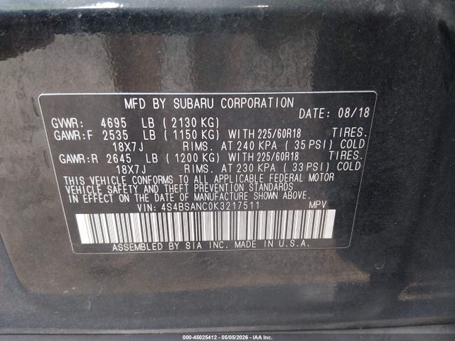 Auction sale of the 2019 Subaru Outback 2.5i Limited, vin: 4S4BSANC0K3217511, lot number: 45025412