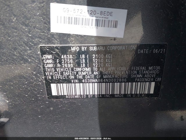 Aukcja sprzedaży 2022 Subaru Legacy, vin: 4S3BWAB64N3002886, numer aukcji: 45025415