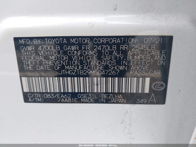 Aukcja sprzedaży 2021 Lexus Is 350 F Sport, vin: JTHGZ1B29M5047267, numer aukcji: 45025425
