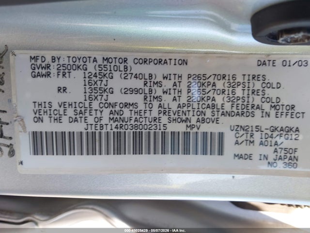 Продаж на аукціоні авто 2003 Toyota 4runner Sr5 V8, vin: JTEBT14R038002315, номер лоту: 45025429