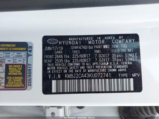 Aukcja sprzedaży 2019 Hyundai Tucson Se, vin: KM8J2CA43KU072741, numer aukcji: 45025439