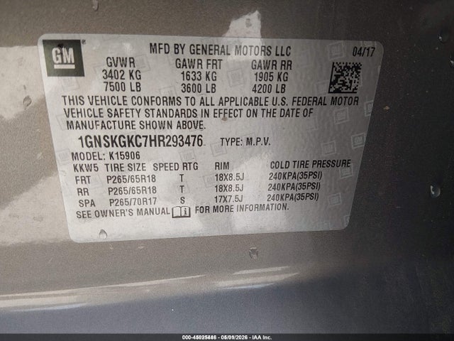 1GNSKGKC7HR293476 Chevrolet Suburban Ls