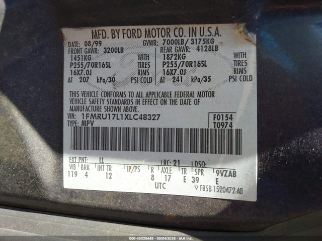 1999 Ford Expedition Eddie Bauer/xlt მანქანა იყიდება აუქციონზე, vin: 1FMRU17L1XLC48327, აუქციონის ნომერი: 45025448