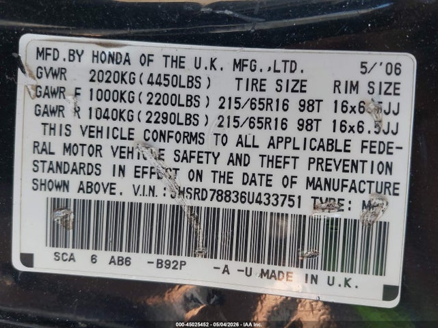 45025452 :رقم المزاد ، SHSRD78836U433751 vin ، 2006 Honda Cr-v Ex مزاد بيع