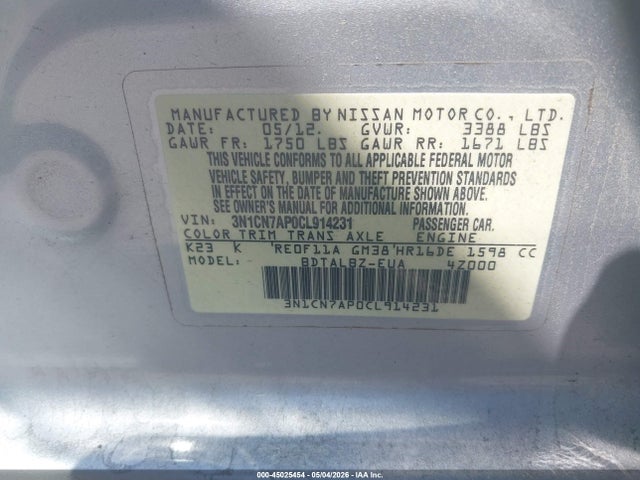 45025454 :رقم المزاد ، 3N1CN7AP0CL914231 vin ، 2012 Nissan Versa 1.6 Sv مزاد بيع