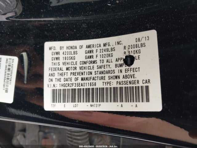 Продажа на аукционе авто 2014 Honda Accord Lx, vin: 1HGCR2F35EA011658, номер лота: 45025458