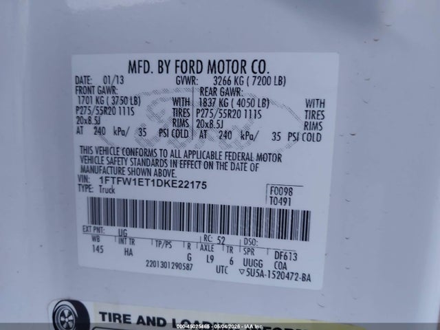 2013 Ford F-150 Lariat მანქანა იყიდება აუქციონზე, vin: 1FTFW1ET1DKE22175, აუქციონის ნომერი: 45025465