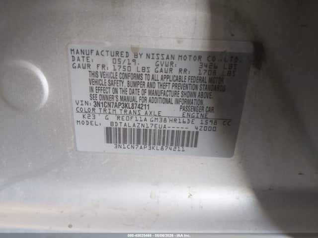 2019 Nissan Versa 1.6 S+ მანქანა იყიდება აუქციონზე, vin: 3N1CN7AP3KL874211, აუქციონის ნომერი: 45025468