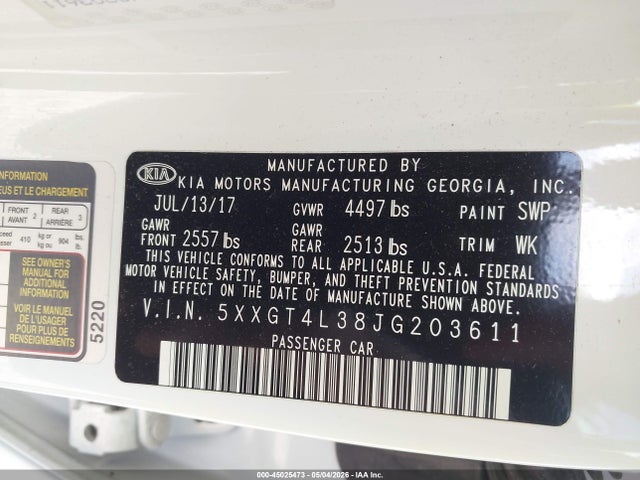 Продаж на аукціоні авто 2018 Kia Optima S, vin: 5XXGT4L38JG203611, номер лоту: 45025473