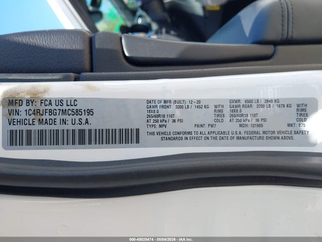 Aukcja sprzedaży 2021 Jeep Grand Cherokee Limited 4x4, vin: 1C4RJFBG7MC585195, numer aukcji: 45025474