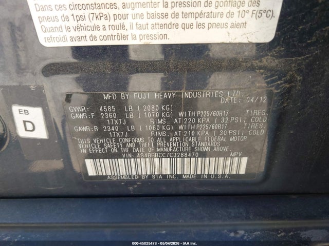 45025478 :رقم المزاد ، 4S4BRBCC7C3288470 vin ، 2012 Subaru Outback 2.5i Premium مزاد بيع