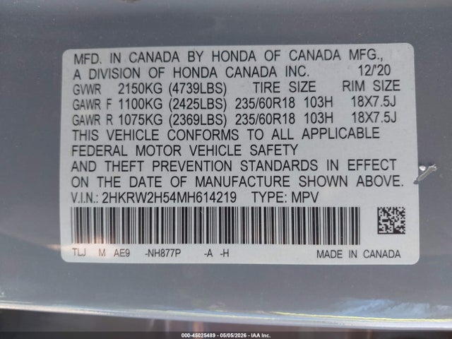 45025489 :رقم المزاد ، 2HKRW2H54MH614219 vin ، 2021 Honda Cr-v Awd Ex مزاد بيع