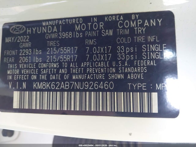 Aukcja sprzedaży 2022 Hyundai Kona Sel, vin: KM8K62AB7NU926460, numer aukcji: 45025494
