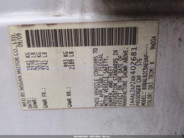 Продаж на аукціоні авто 2010 Nissan Altima 2.5 S, vin: 1N4AL2AP2AN402681, номер лоту: 45025500