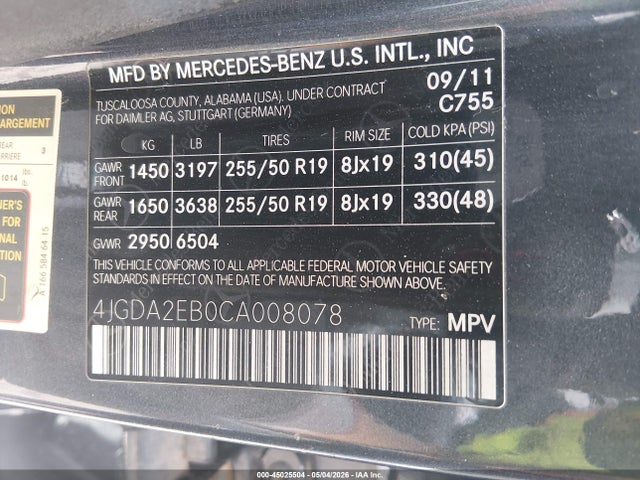 Aukcja sprzedaży 2012 Mercedes-benz Ml 350 Bluetec 4matic, vin: 4JGDA2EB0CA008078, numer aukcji: 45025504