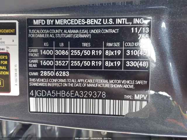 Aukcja sprzedaży 2014 Mercedes-benz Ml 350 4matic, vin: 4JGDA5HB6EA329378, numer aukcji: 45025507