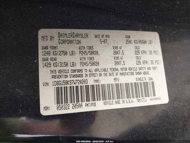 45025509 :رقم المزاد ، 1D8GU58K97W720203 vin ، 2007 Dodge Nitro Slt/rt مزاد بيع
