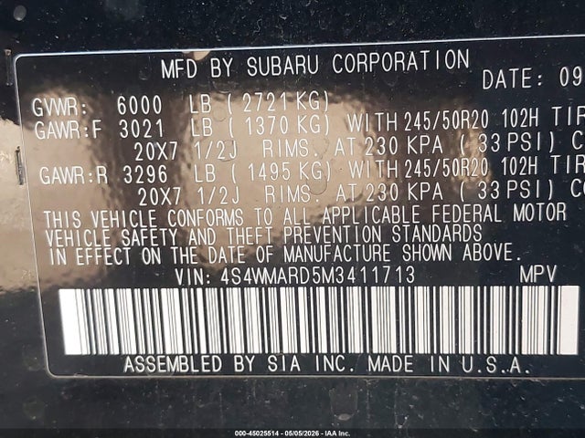 45025514 :رقم المزاد ، 4S4WMARD5M3411713 vin ، 2021 Subaru Ascent Touring مزاد بيع